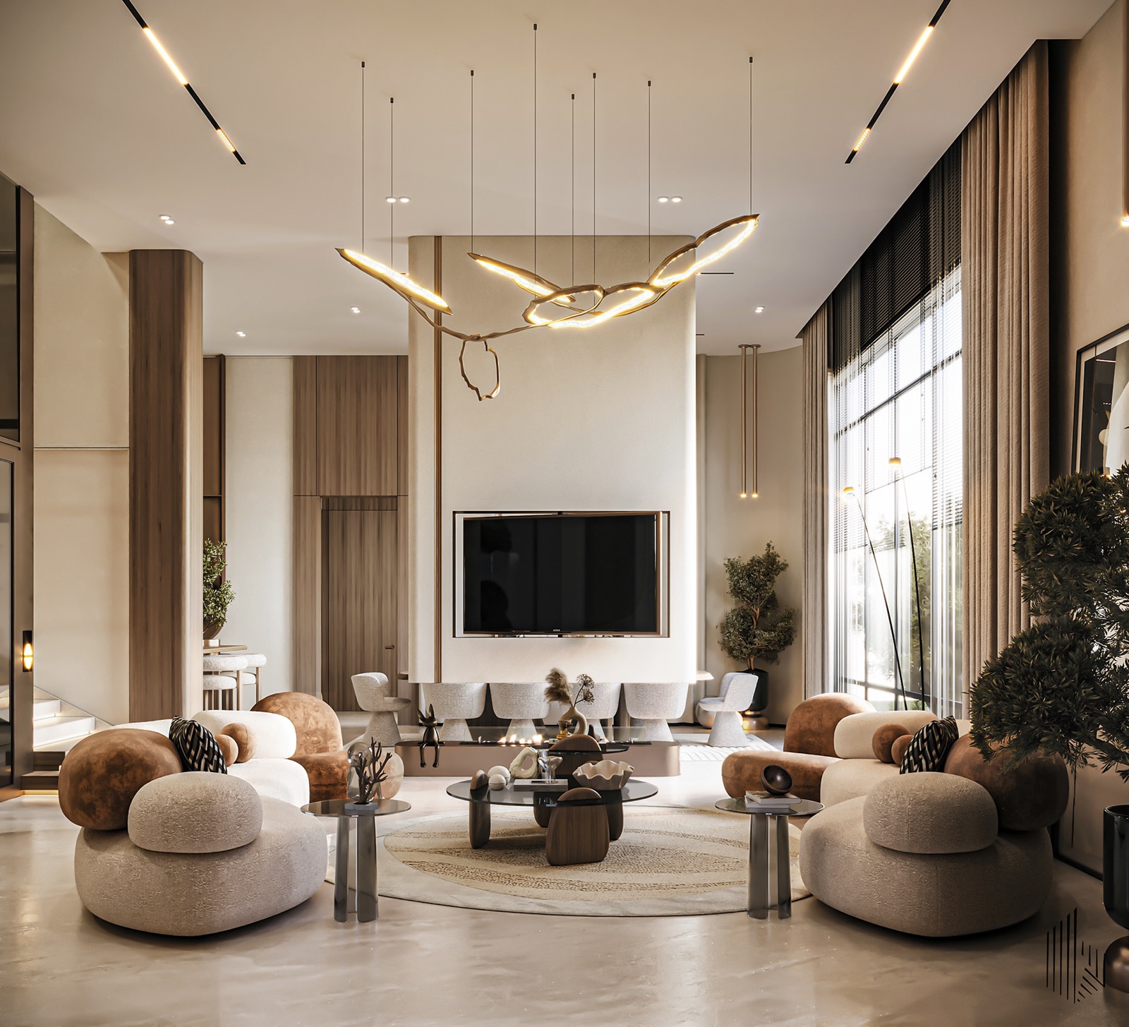A spacious villa living room with elegant furnishings and a balanced interior palette.